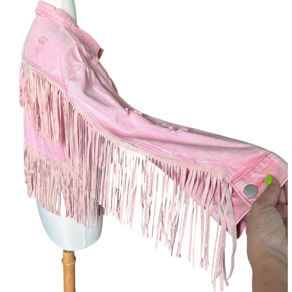Cropped Pink Distressed Fringe Denim Jean Jacket L Western Cowgirl Festival